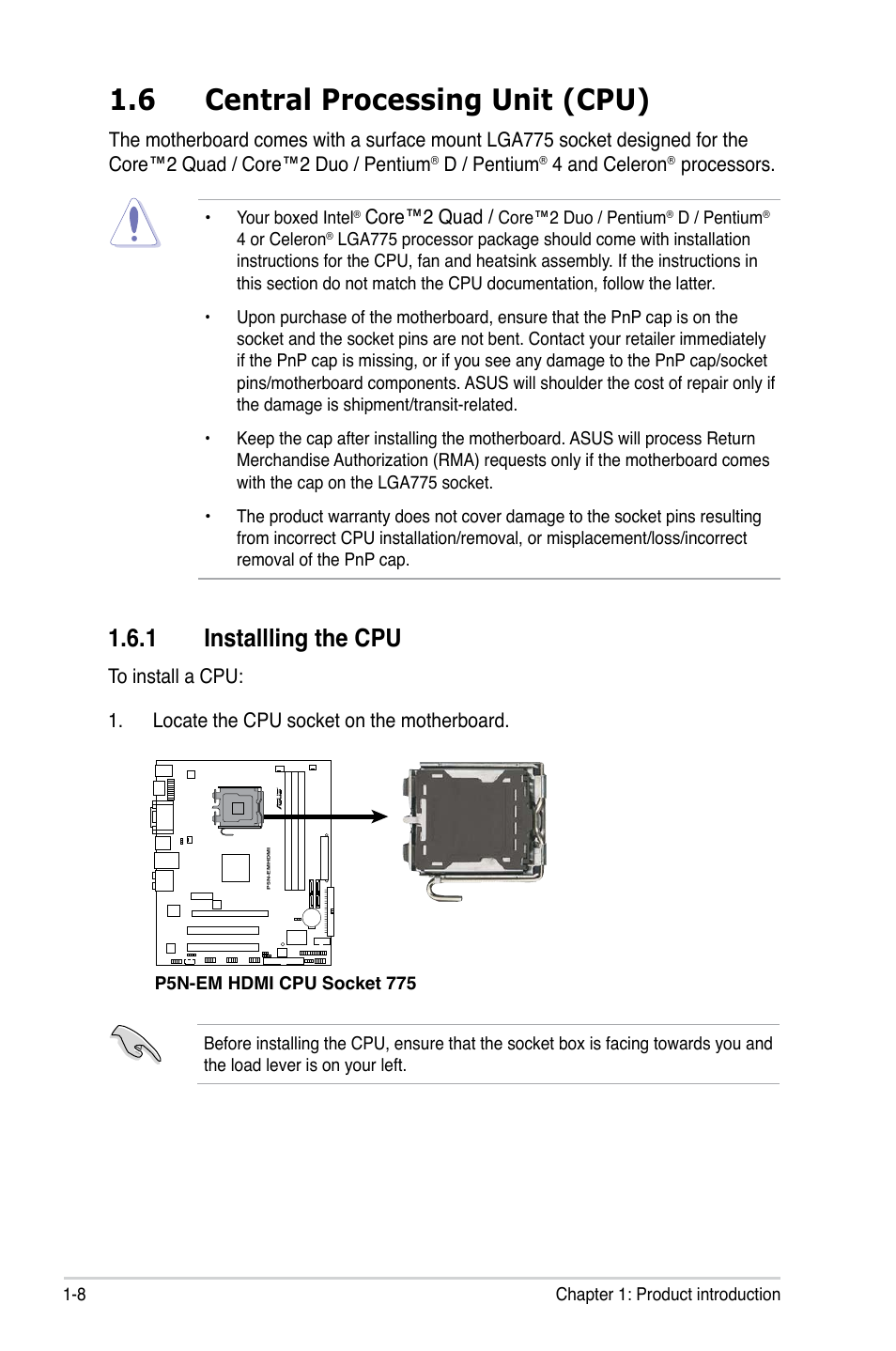 6 central processing unit (cpu), 1 installling the cpu | Asus P5N-EM HDMI User Manual | Page 20 / 102