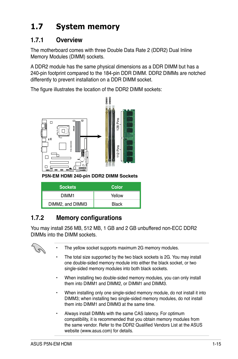 7 system memory, 1 overview, 2 memory configurations | Asus P5N-EM HDMI User Manual | Page 27 / 102