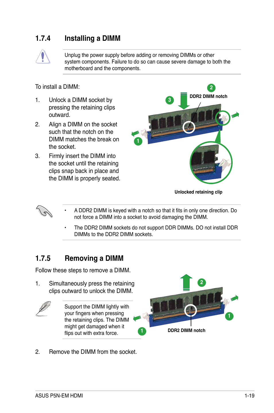 4 installing a dimm, 5 removing a dimm | Asus P5N-EM HDMI User Manual | Page 31 / 102