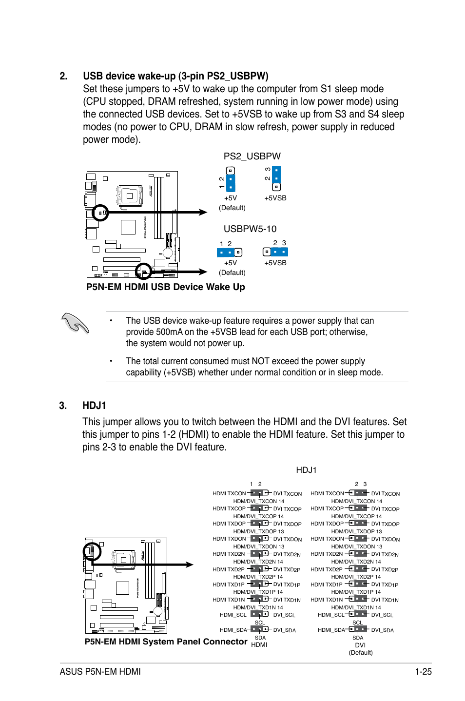 Asus p5n-em hdmi 1-25, P5n-em hdmi usb device wake up, Ps2_usbpw | Usbpw5-10, P5n-em hdmi system panel connector, Hdj1 | Asus P5N-EM HDMI User Manual | Page 37 / 102