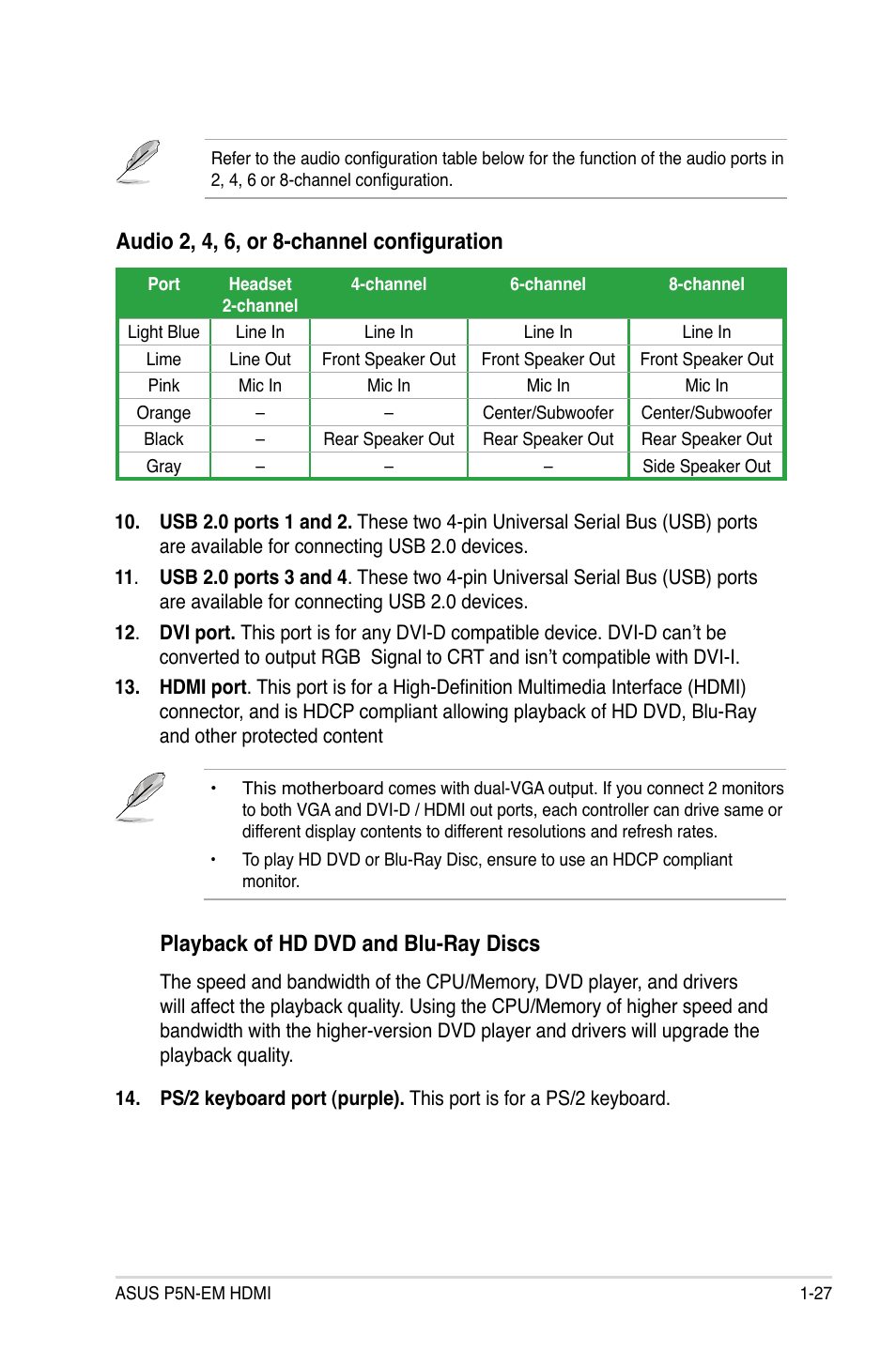 Playback of hd dvd and blu-ray discs, Audio 2, 4, 6, or 8-channel configuration | Asus P5N-EM HDMI User Manual | Page 39 / 102