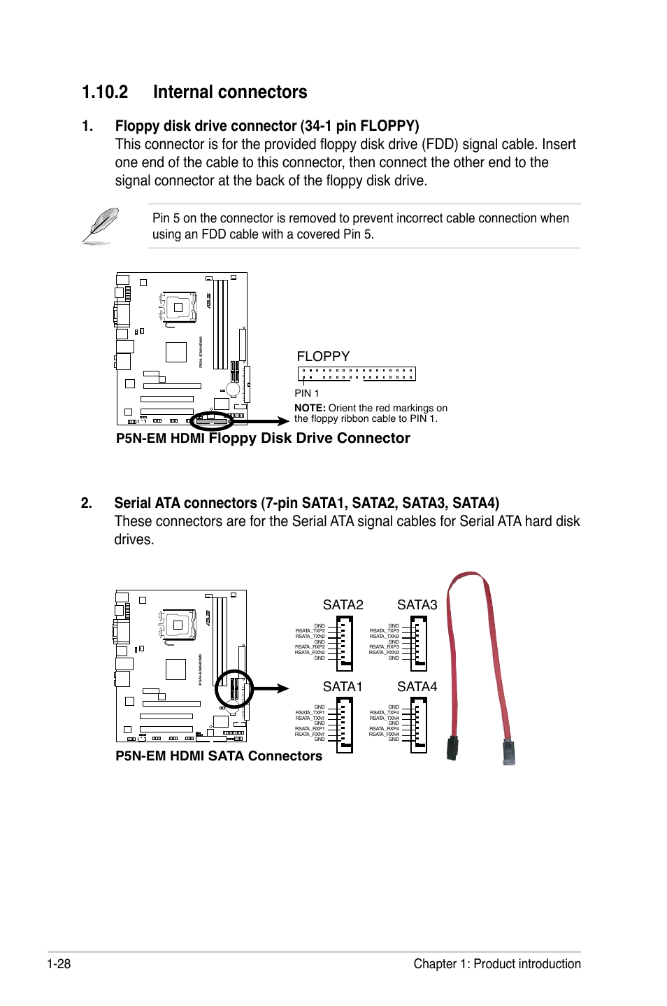 2 internal connectors, Floppy disk drive connector, 28 chapter 1: product introduction | P5n-em hdmi, Floppy, P5n-em hdmi sata connectors, Sata2, Sata1, Sata3, Sata4 | Asus P5N-EM HDMI User Manual | Page 40 / 102