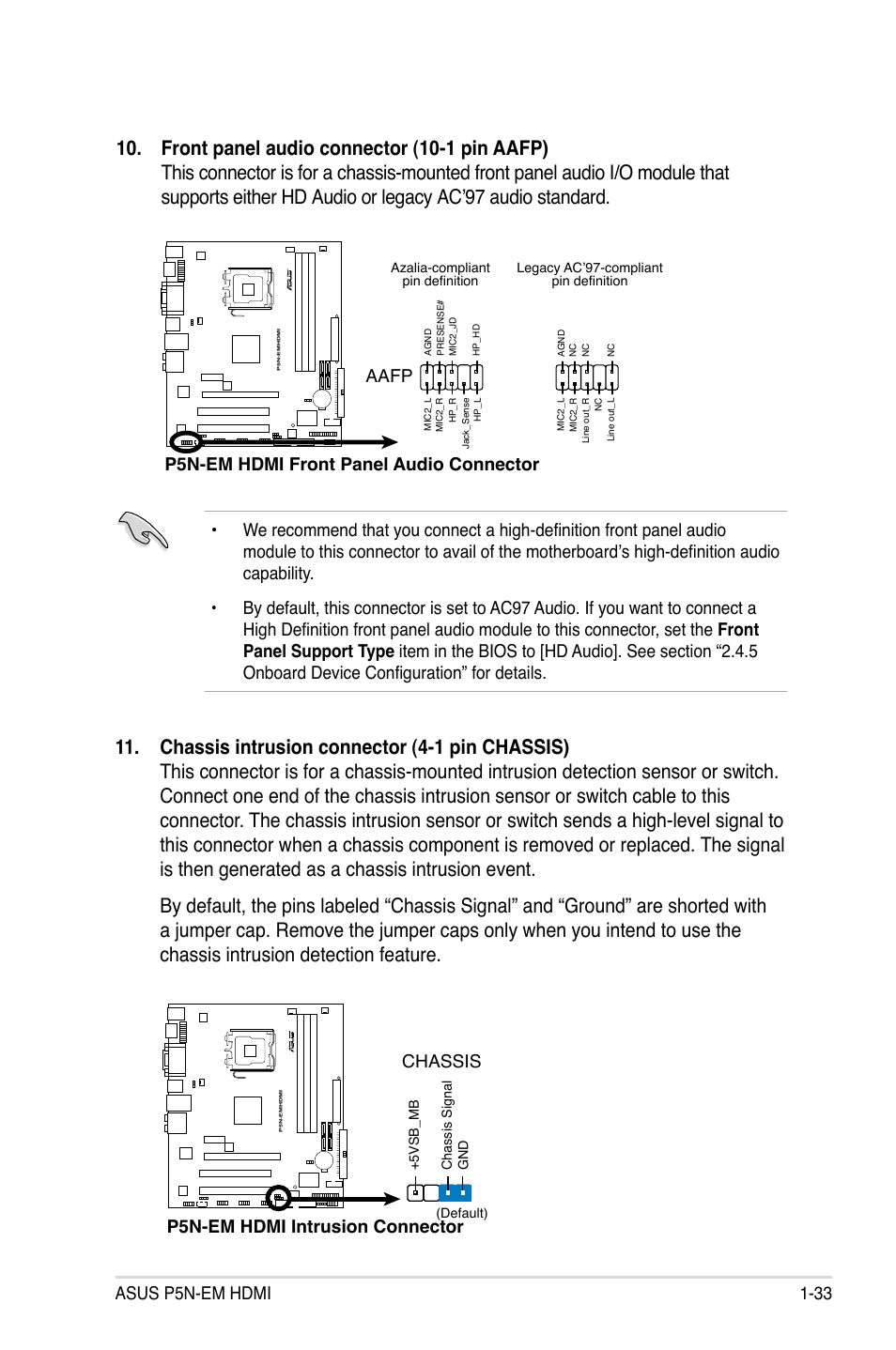 Asus p5n-em hdmi 1-33, Aafp, P5n-em hdmi intrusion connector chassis | Asus P5N-EM HDMI User Manual | Page 45 / 102