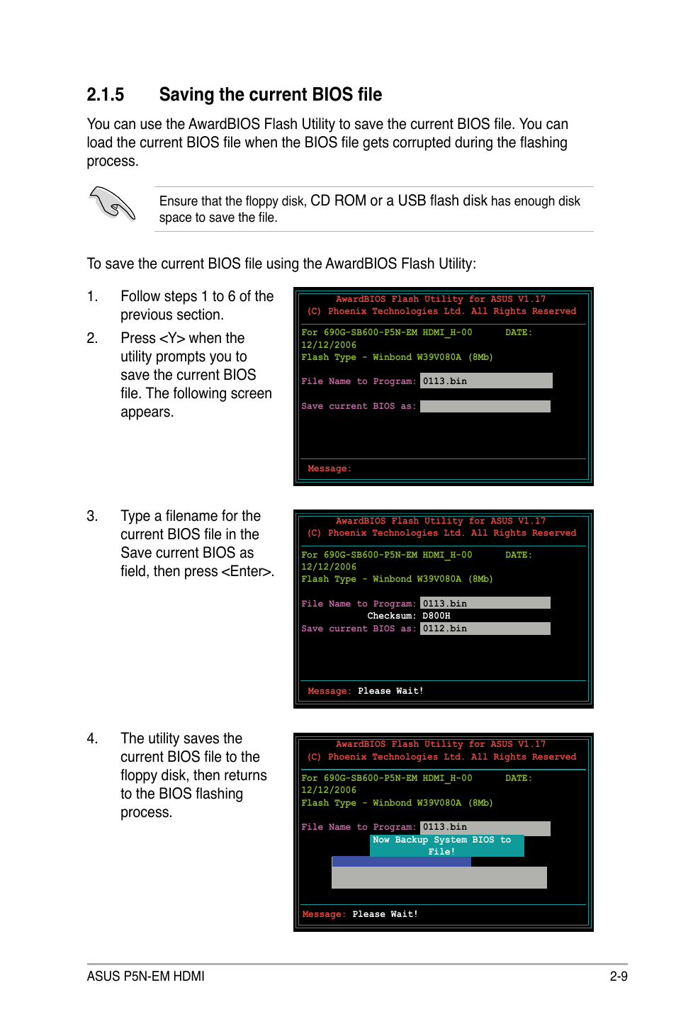 5 saving the current bios file, Cd rom or a usb flash disk | Asus P5N-EM HDMI User Manual | Page 57 / 102