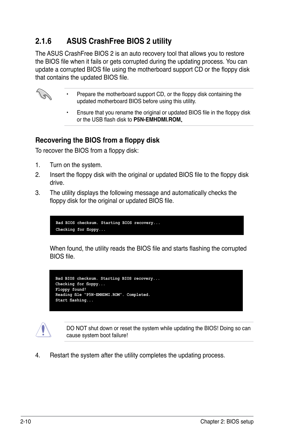 6 asus crashfree bios 2 utility, Recovering the bios from a floppy disk | Asus P5N-EM HDMI User Manual | Page 58 / 102