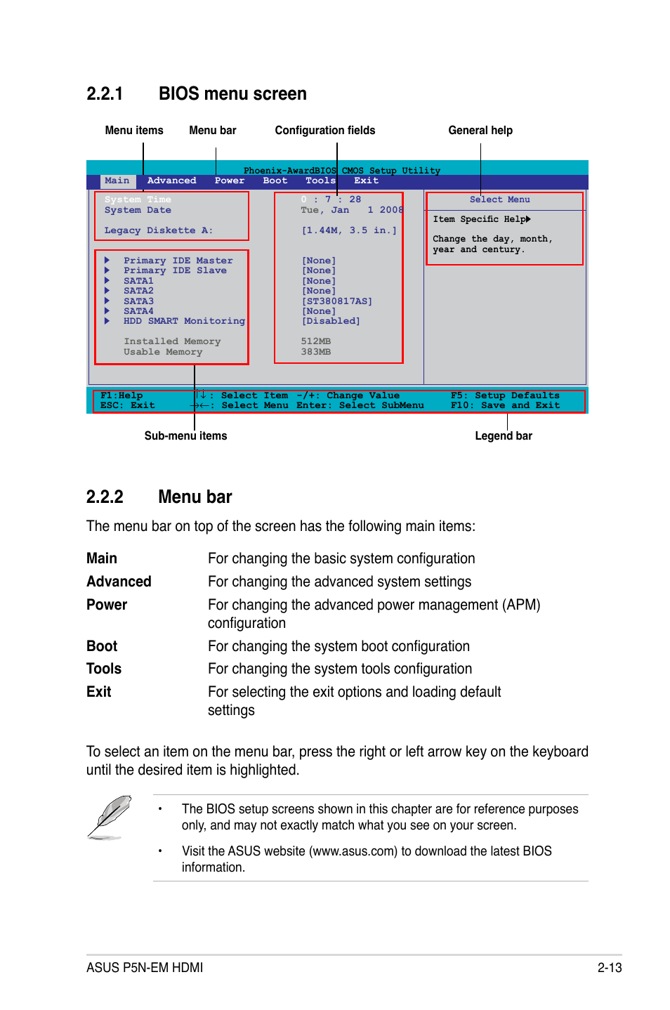 1 bios menu screen, 2 menu bar, 1 bios menu screen 2.2.2 menu bar | Asus P5N-EM HDMI User Manual | Page 61 / 102