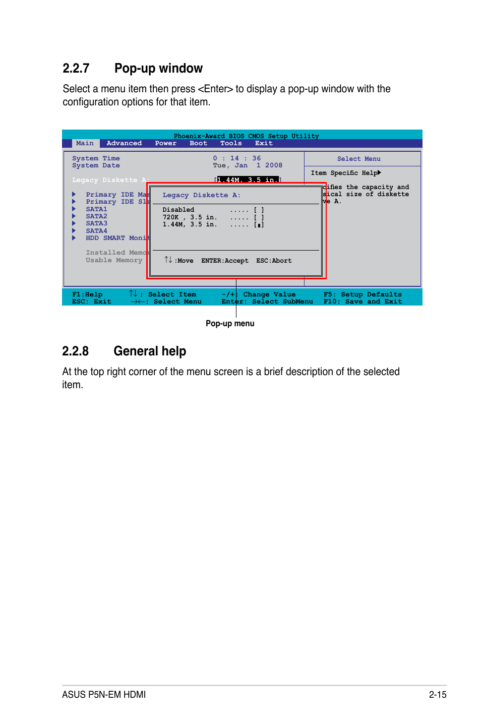 7 pop-up window, 8 general help, Asus p5n-em hdmi 2-15 | Asus P5N-EM HDMI User Manual | Page 63 / 102