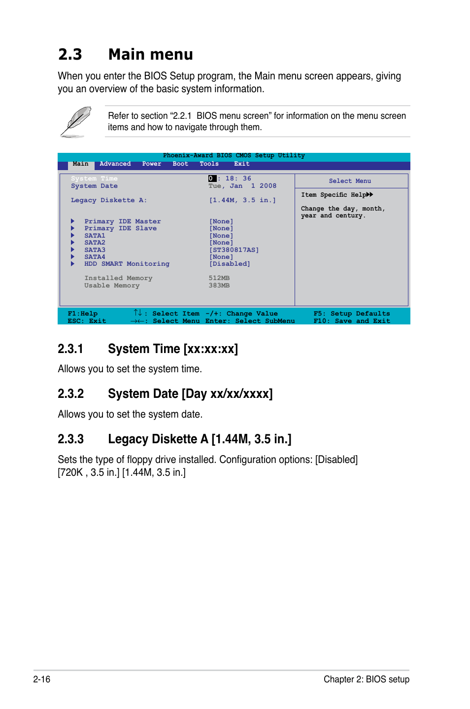 3 main menu, 1 system time [xx:xx:xx, 2 system date [day xx/xx/xxxx | 3 legacy diskette a [1.44m, 3.5 in, Allows you to set the system time, Allows you to set the system date | Asus P5N-EM HDMI User Manual | Page 64 / 102