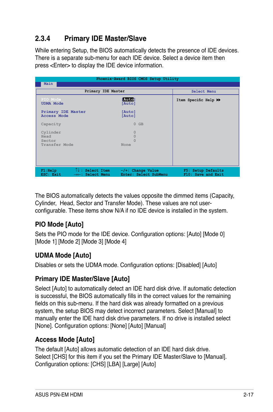 4 primary ide master/slave, Pio mode [auto, Udma mode [auto | Primary ide master/slave [auto, Access mode [auto | Asus P5N-EM HDMI User Manual | Page 65 / 102