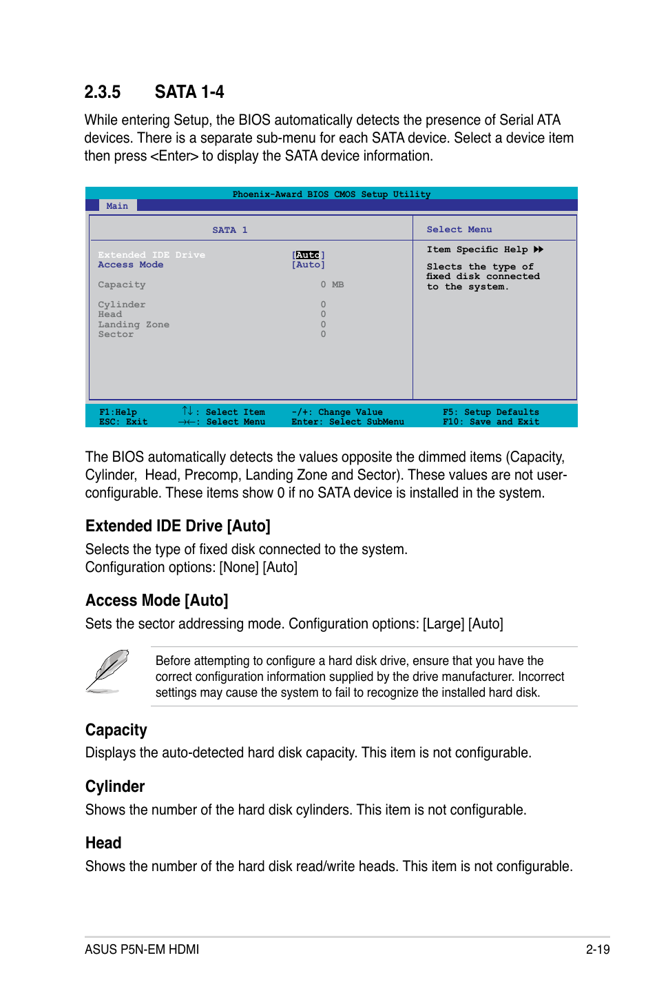 5 sata 1-4, Extended ide drive [auto, Access mode [auto | Capacity, Cylinder, Head | Asus P5N-EM HDMI User Manual | Page 67 / 102
