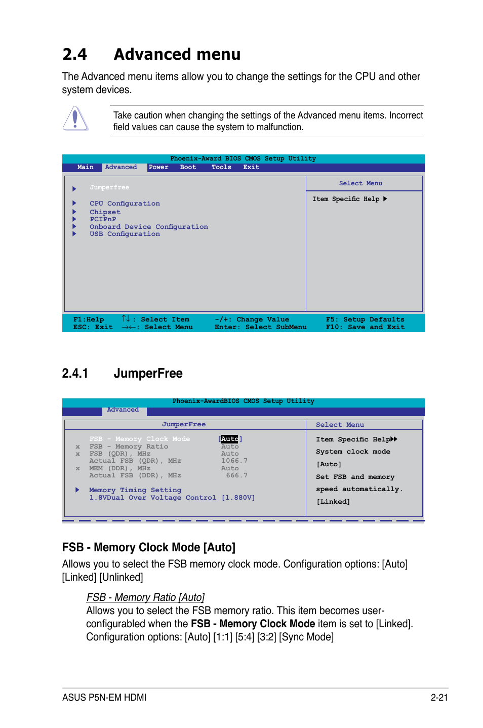 4 advanced menu, 1 jumperfree | Asus P5N-EM HDMI User Manual | Page 69 / 102