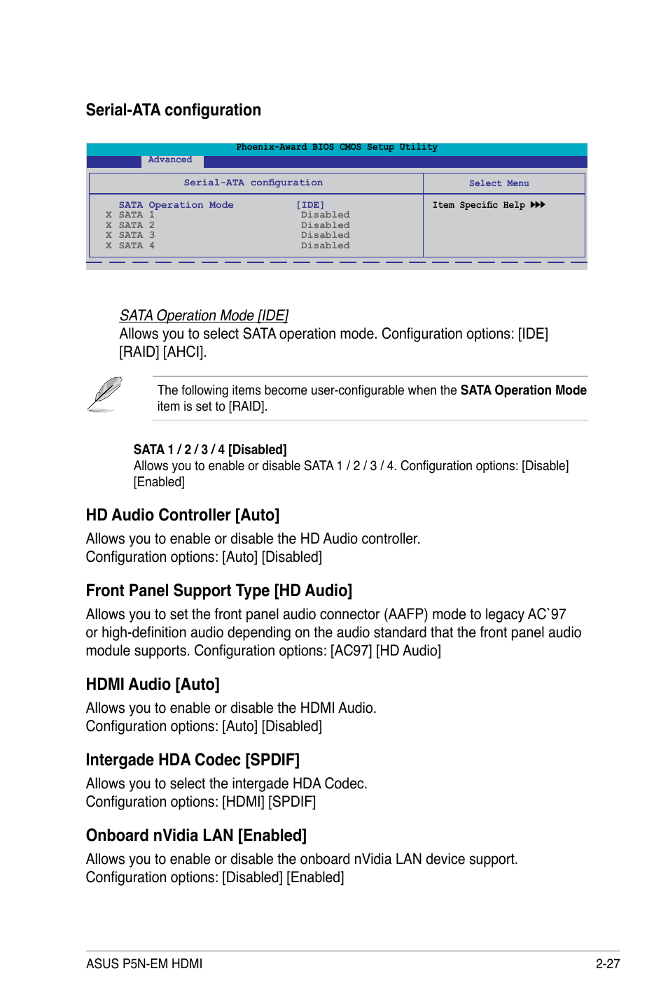 Serial-ata configuration, Hd audio controller [auto, Front panel support type [hd audio | Hdmi audio [auto, Intergade hda codec [spdif, Onboard nvidia lan [enabled | Asus P5N-EM HDMI User Manual | Page 75 / 102