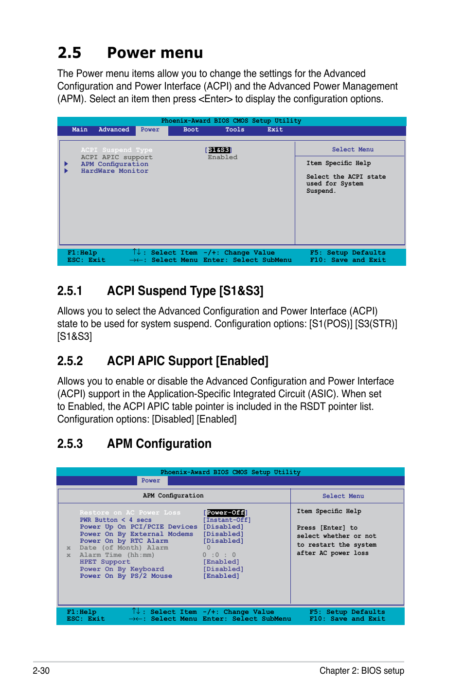 5 power menu, 1 acpi suspend type [s1&s3, 2 acpi apic support [enabled | 3 apm configuration | Asus P5N-EM HDMI User Manual | Page 78 / 102