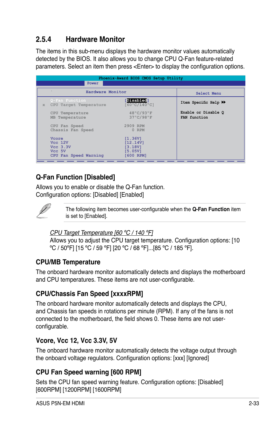 4 hardware monitor, Cpu/mb temperature, Cpu fan speed warning [600 rpm | Q-fan function [disabled | Asus P5N-EM HDMI User Manual | Page 81 / 102