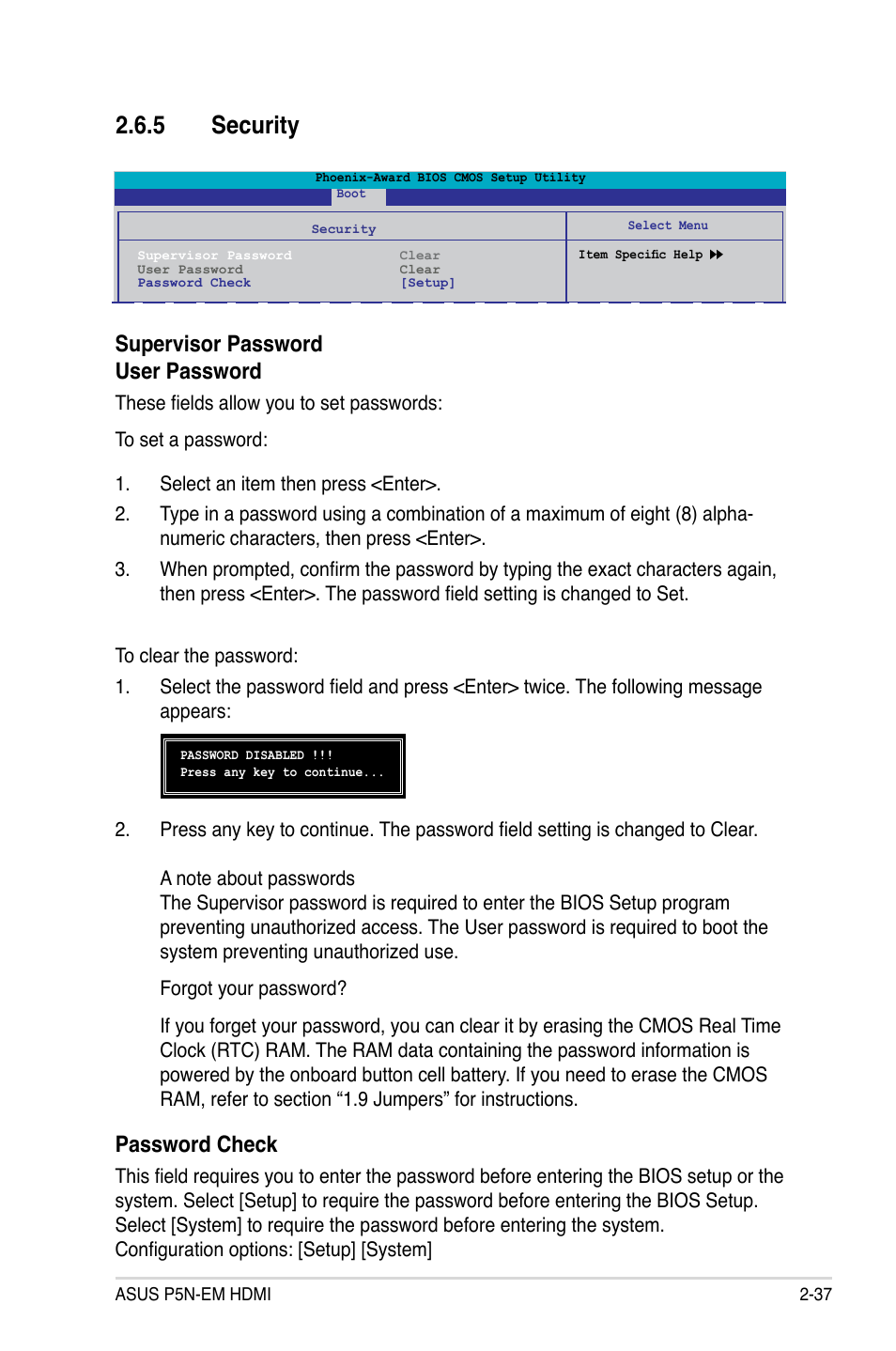 5 security, Password check, Supervisor password user password | Asus P5N-EM HDMI User Manual | Page 85 / 102