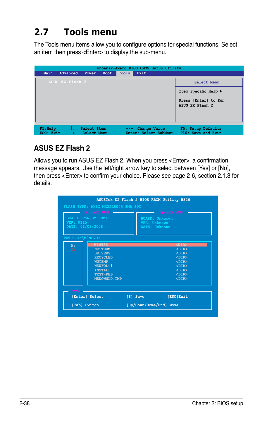 7 tools menu, Asus ez flash 2, 38 chapter 2: bios setup | Asus P5N-EM HDMI User Manual | Page 86 / 102