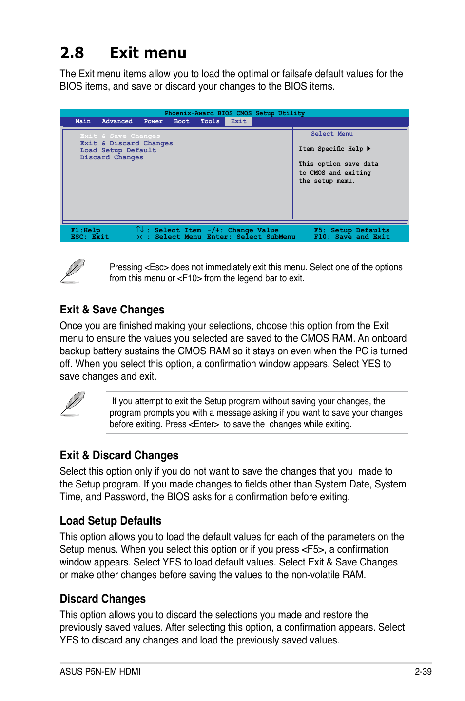 8 exit menu, Exit & save changes, Exit & discard changes | Load setup defaults, Discard changes | Asus P5N-EM HDMI User Manual | Page 87 / 102