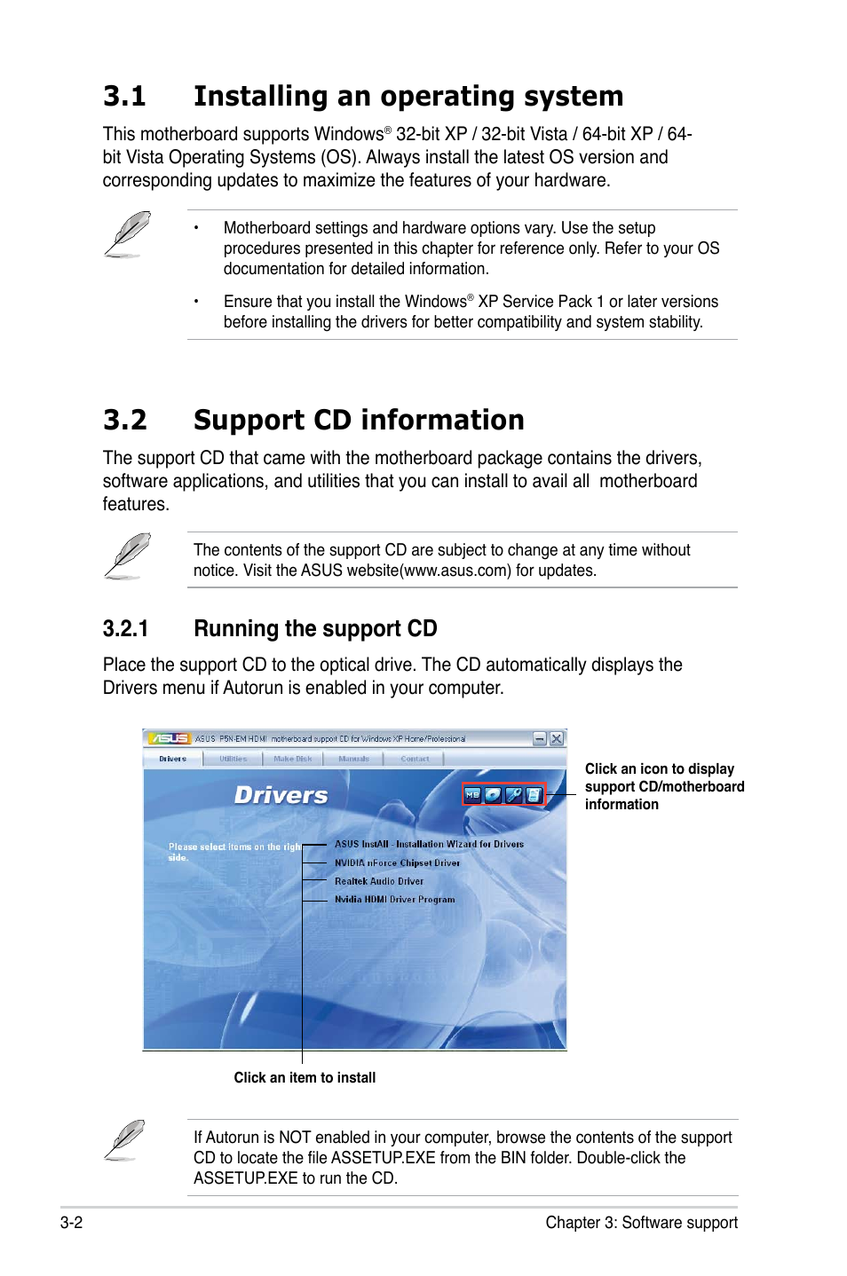 1 installing an operating system, 2 support cd information, 1 running the support cd | Asus P5N-EM HDMI User Manual | Page 90 / 102