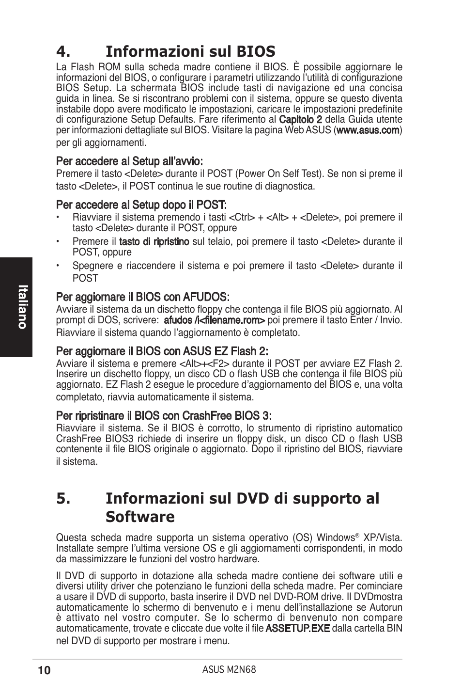 Informazioni sul bios, Informazioni sul dvd di supporto al software | Asus M2N68 User Manual | Page 10 / 38