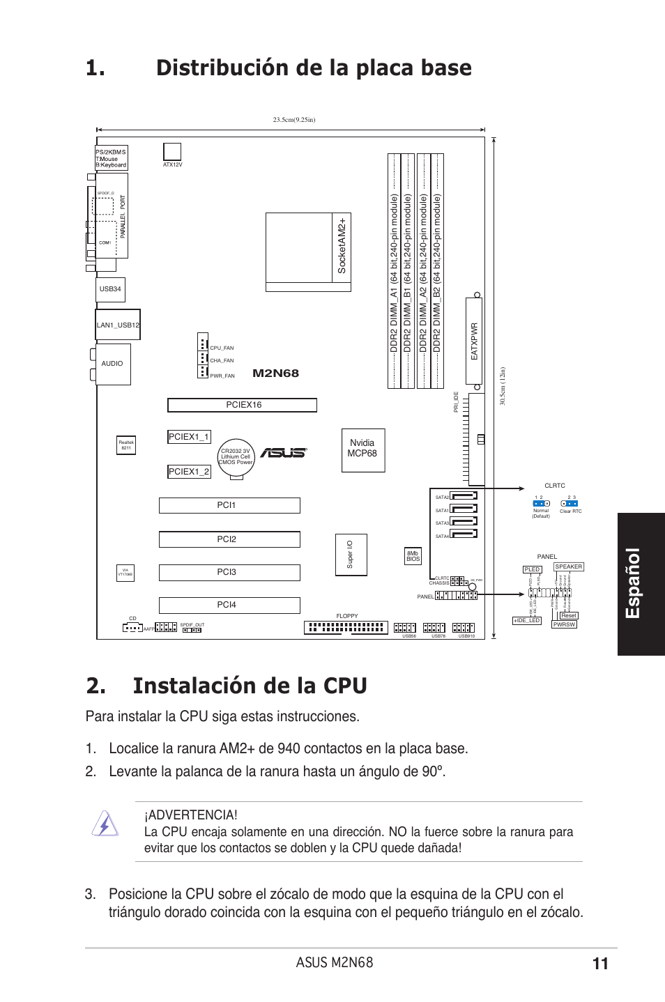 Español, Asus mn68, M2n68 | Socketam2, Nvidia mcp68 | Asus M2N68 User Manual | Page 11 / 38