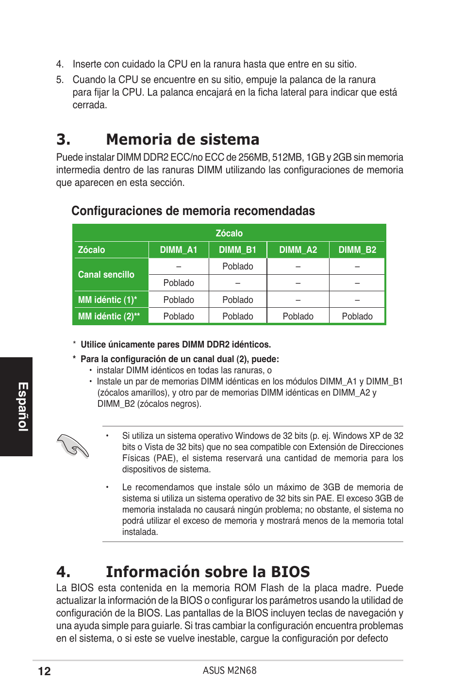 Información sobre la bios, Español | Asus M2N68 User Manual | Page 12 / 38