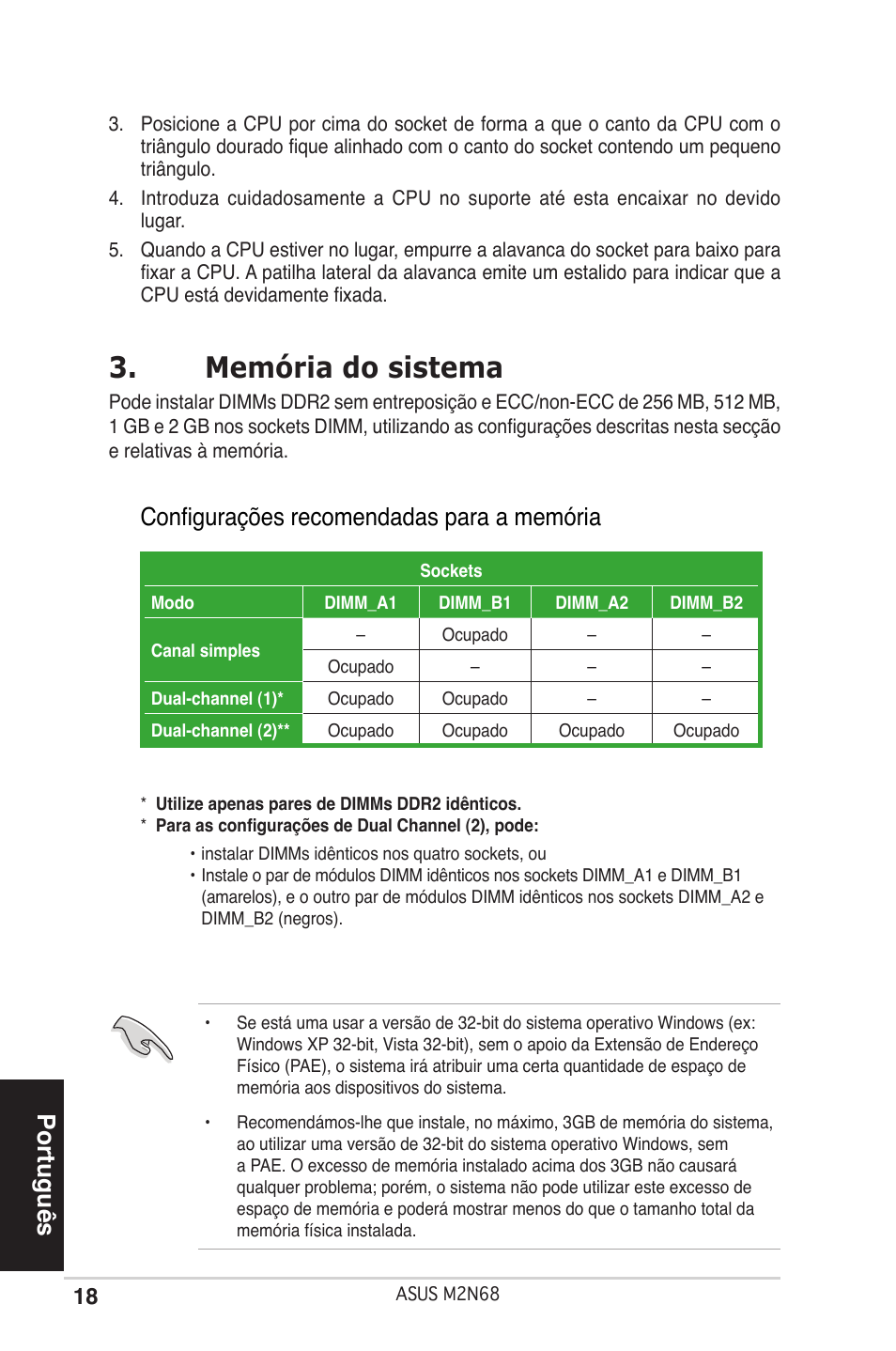 Memória do sistema, Português, Onfigurações recomendadas para a memória | Asus M2N68 User Manual | Page 18 / 38