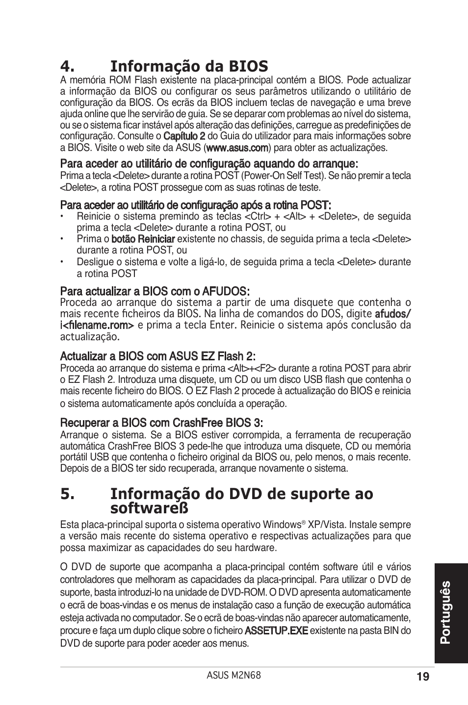 Informação da bios, Informação do dvd de suporte ao softwareß, Português | Asus M2N68 User Manual | Page 19 / 38