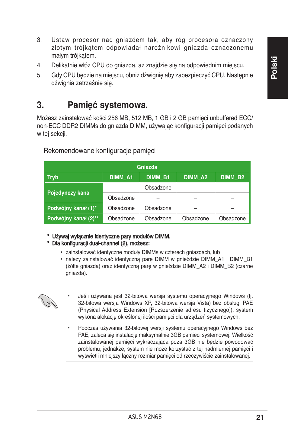 Pamięć systemowa, Polski, Rekomendowane konfiguracje pamięci | Asus M2N68 User Manual | Page 21 / 38