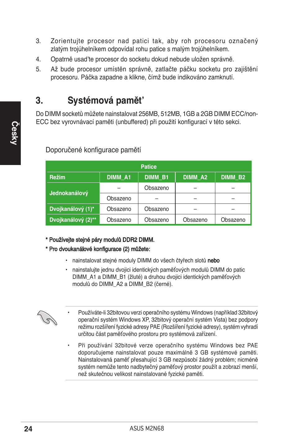 Systémová pamět, Česky, Doporučené konfigurace pamětí | Asus M2N68 User Manual | Page 24 / 38