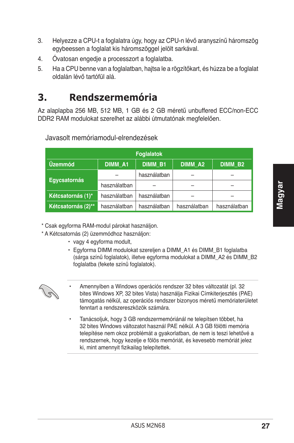 Rendszermemória, Magyar, Javasolt memóriamodul-elrendezések | Asus M2N68 User Manual | Page 27 / 38