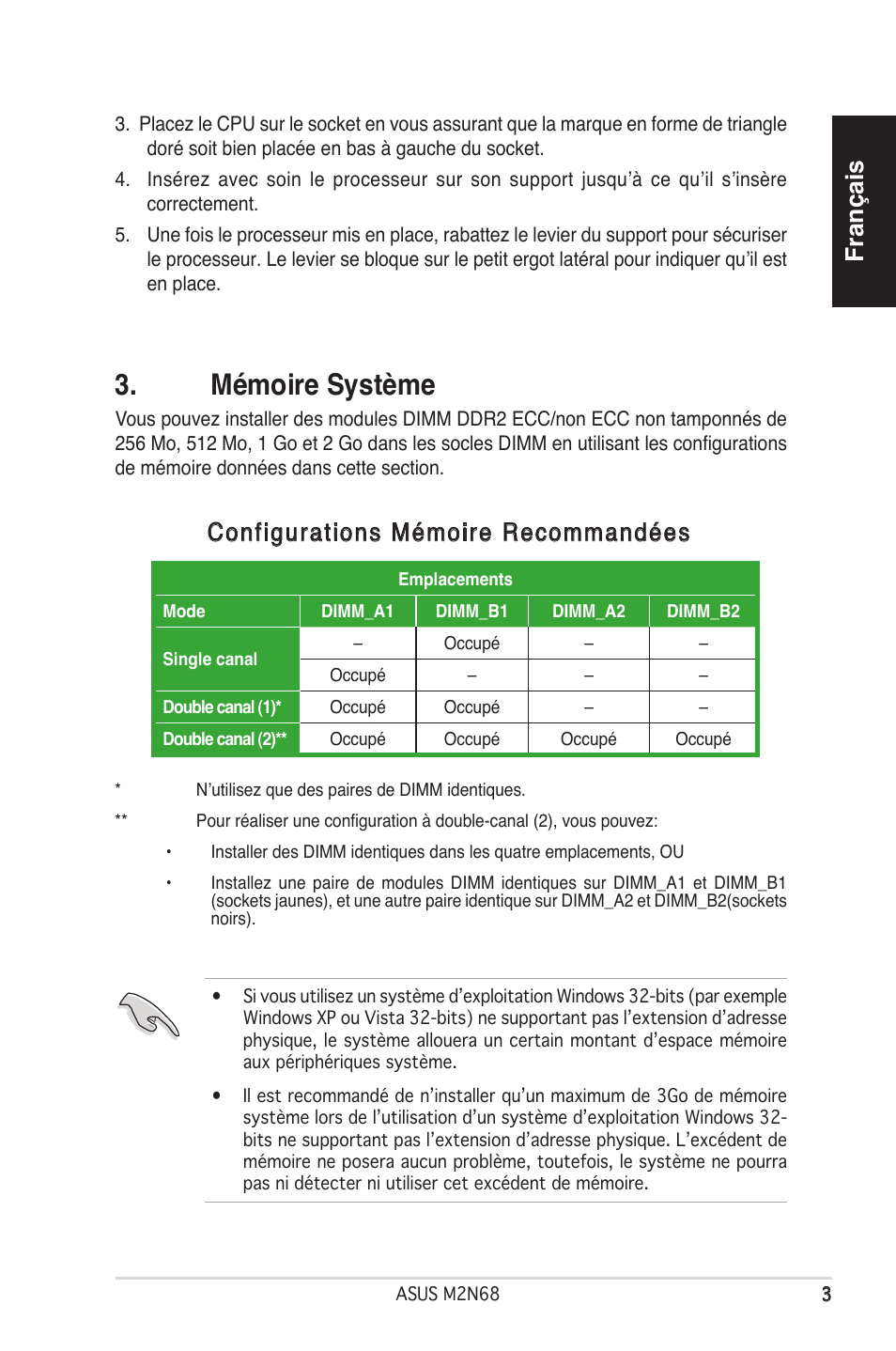 Mémoire système, Français, Configurations mémoire recommandées | Asus M2N68 User Manual | Page 3 / 38