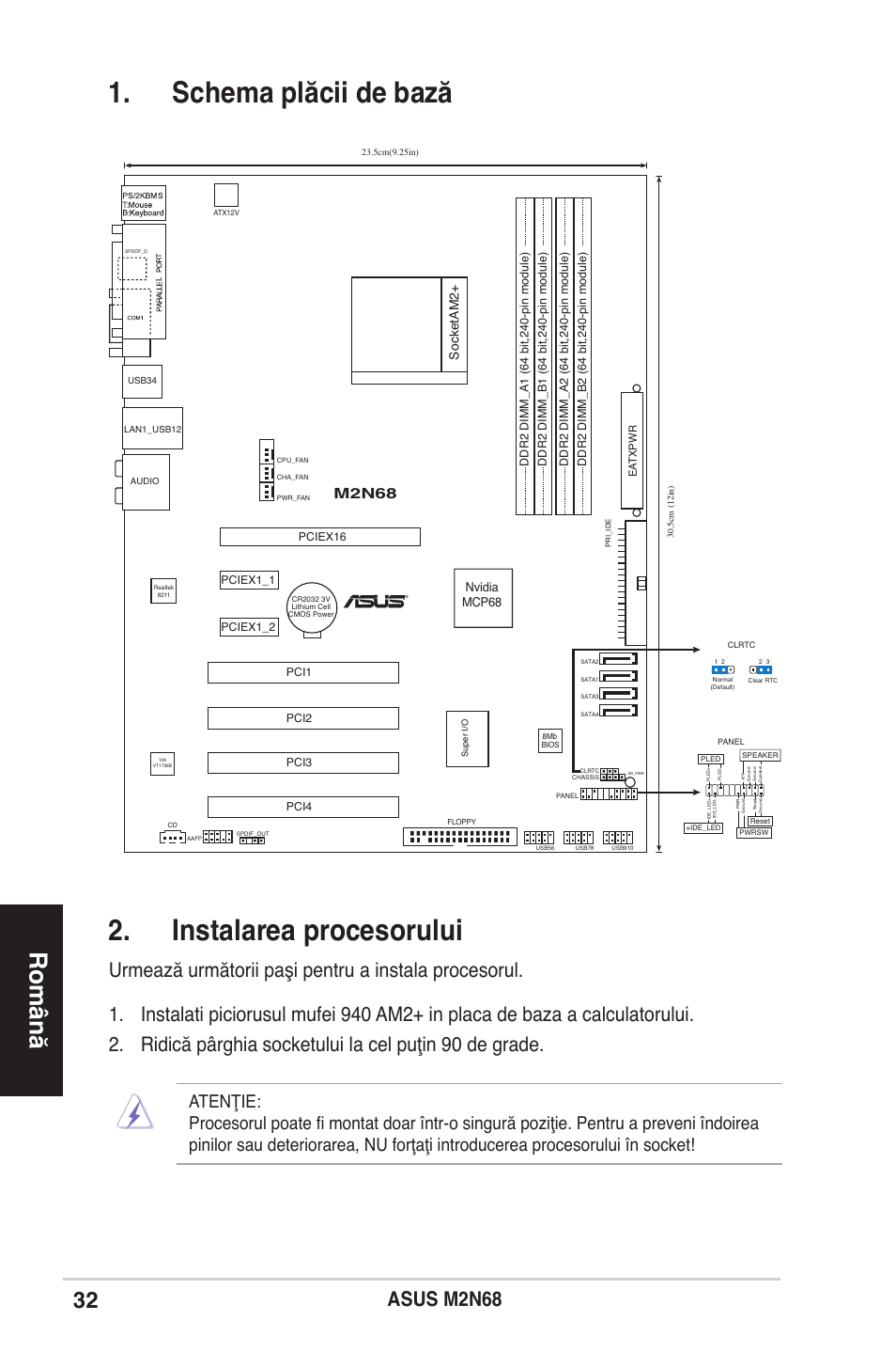 Schema plăcii de bază 2. instalarea procesorului, Română, Asus m2n | M2n68, Socketam2, Nvidia mcp68 | Asus M2N68 User Manual | Page 32 / 38