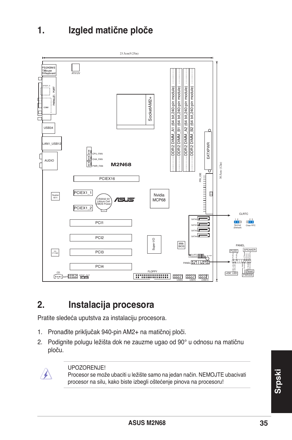 Izgled matične ploče 2. instalacija procesora, Srpski, Asus m2n | M2n68, Socketam2, Nvidia mcp68 | Asus M2N68 User Manual | Page 35 / 38