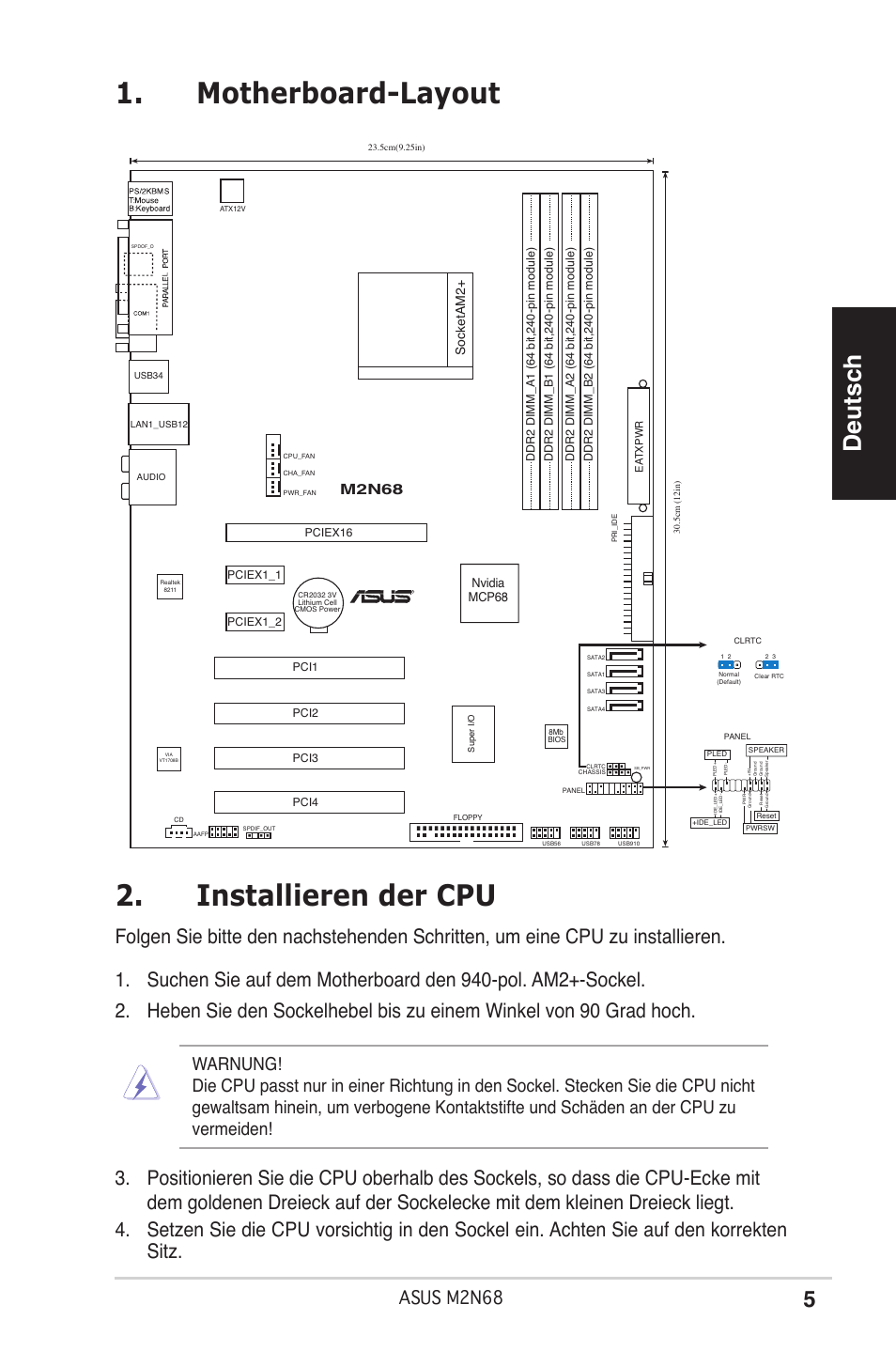 Motherboard-layout 2. installieren der cpu, Deutsch, Asus mn68 | M2n68 | Asus M2N68 User Manual | Page 5 / 38