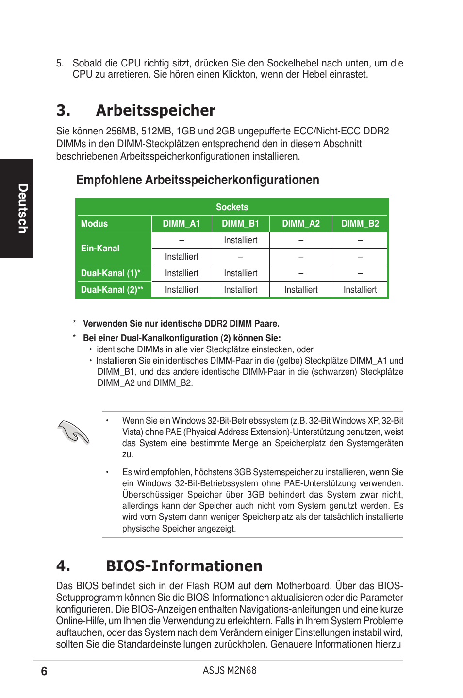 Arbeitsspeicher, Bios-informationen, Deutsch | Empfohlene arbeitsspeicherkonfigurationen | Asus M2N68 User Manual | Page 6 / 38