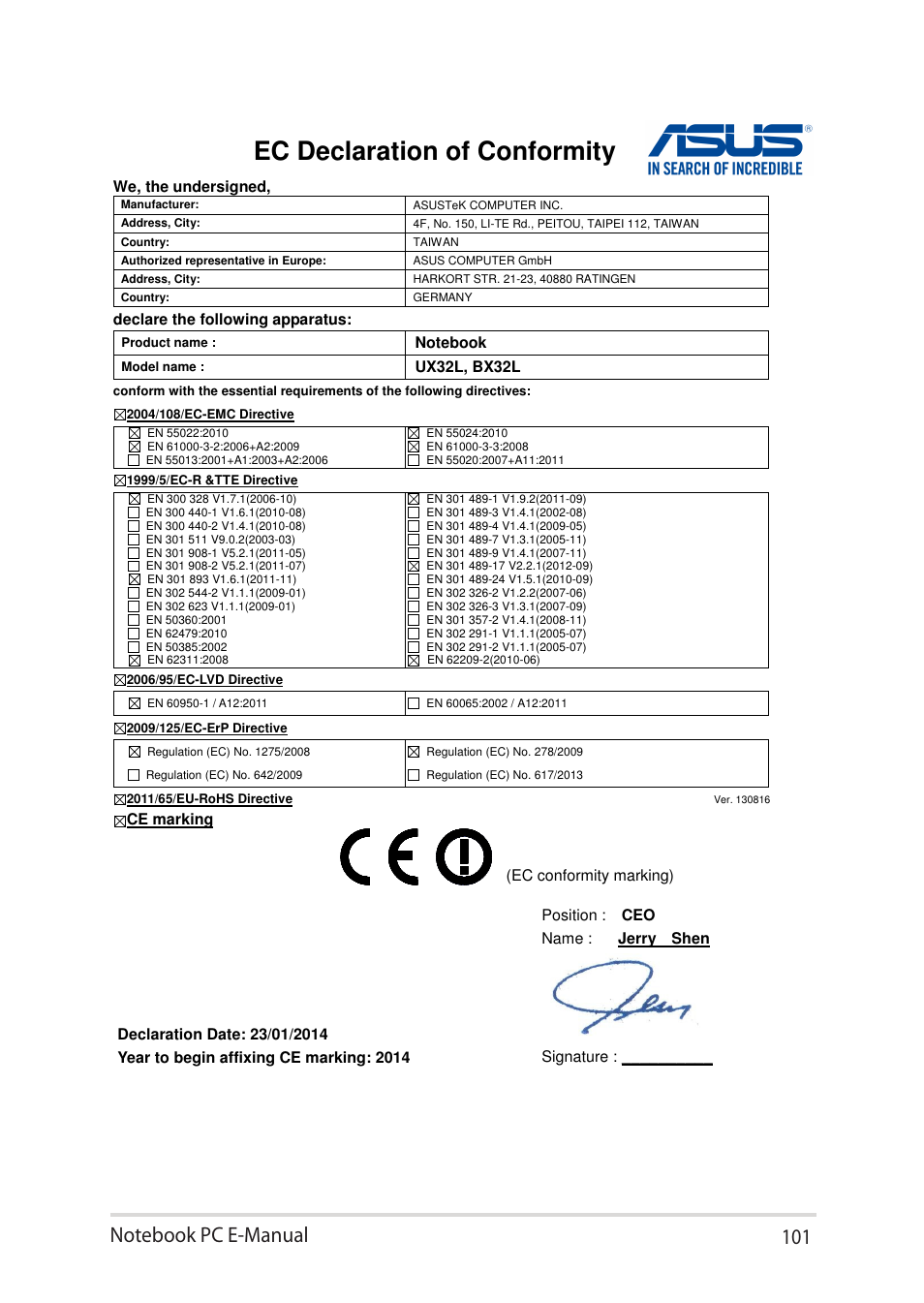 Ec declaration of conformity | Asus UX32LN User Manual | Page 101 / 102