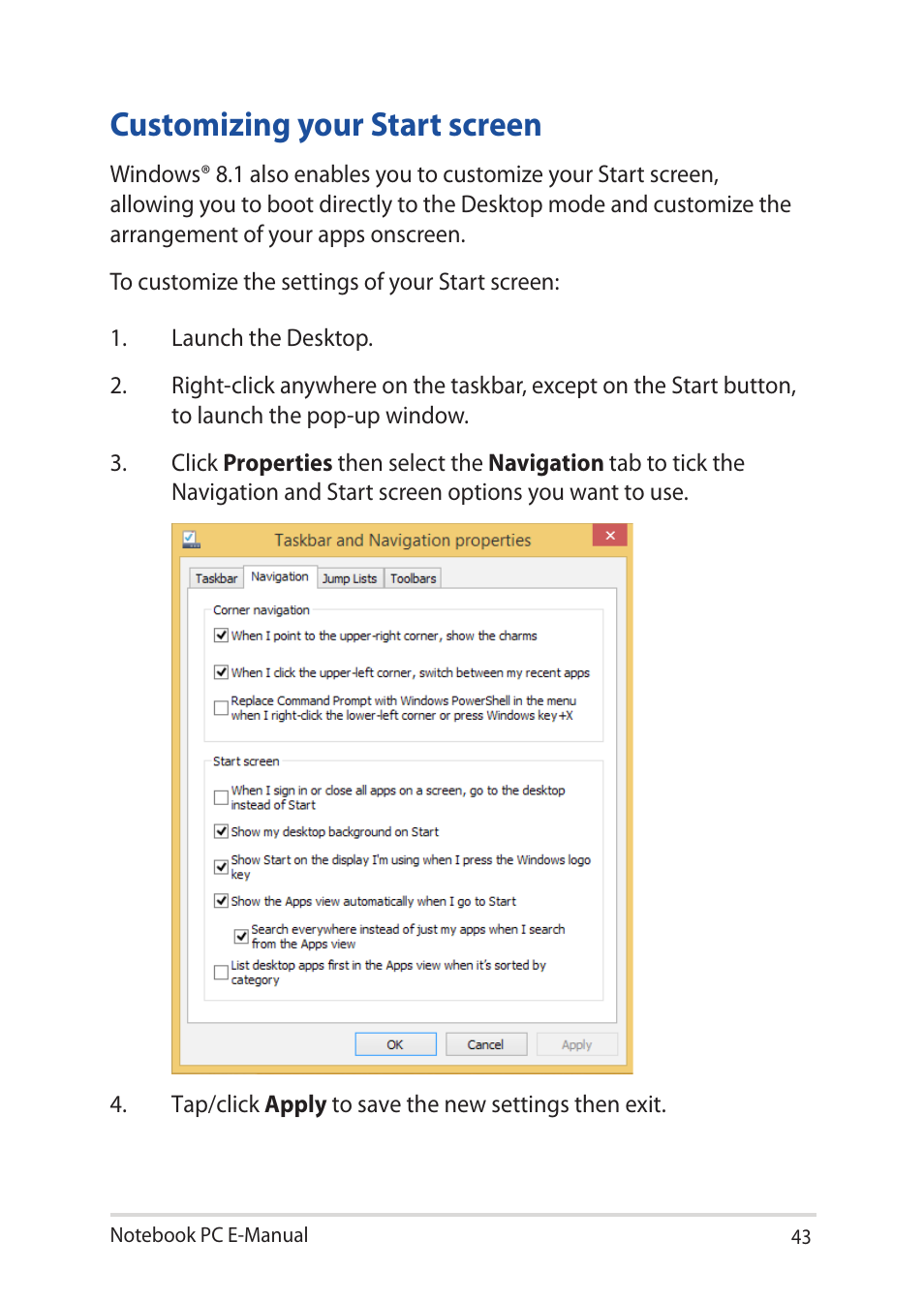Customizing your start screen | Asus UX32LN User Manual | Page 43 / 102