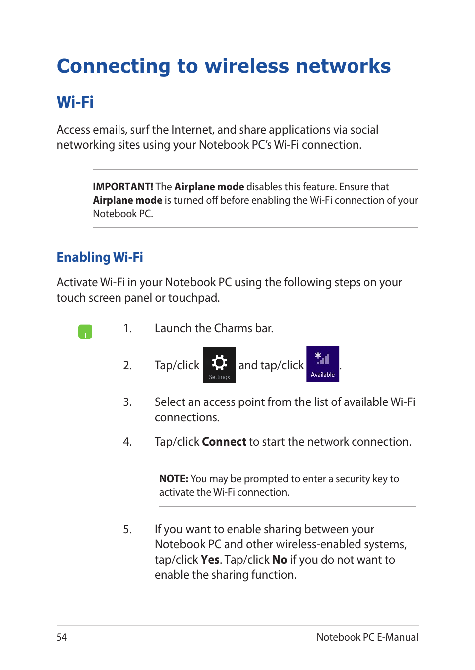 Connecting to wireless networks, Wi-fi | Asus UX32LN User Manual | Page 54 / 102