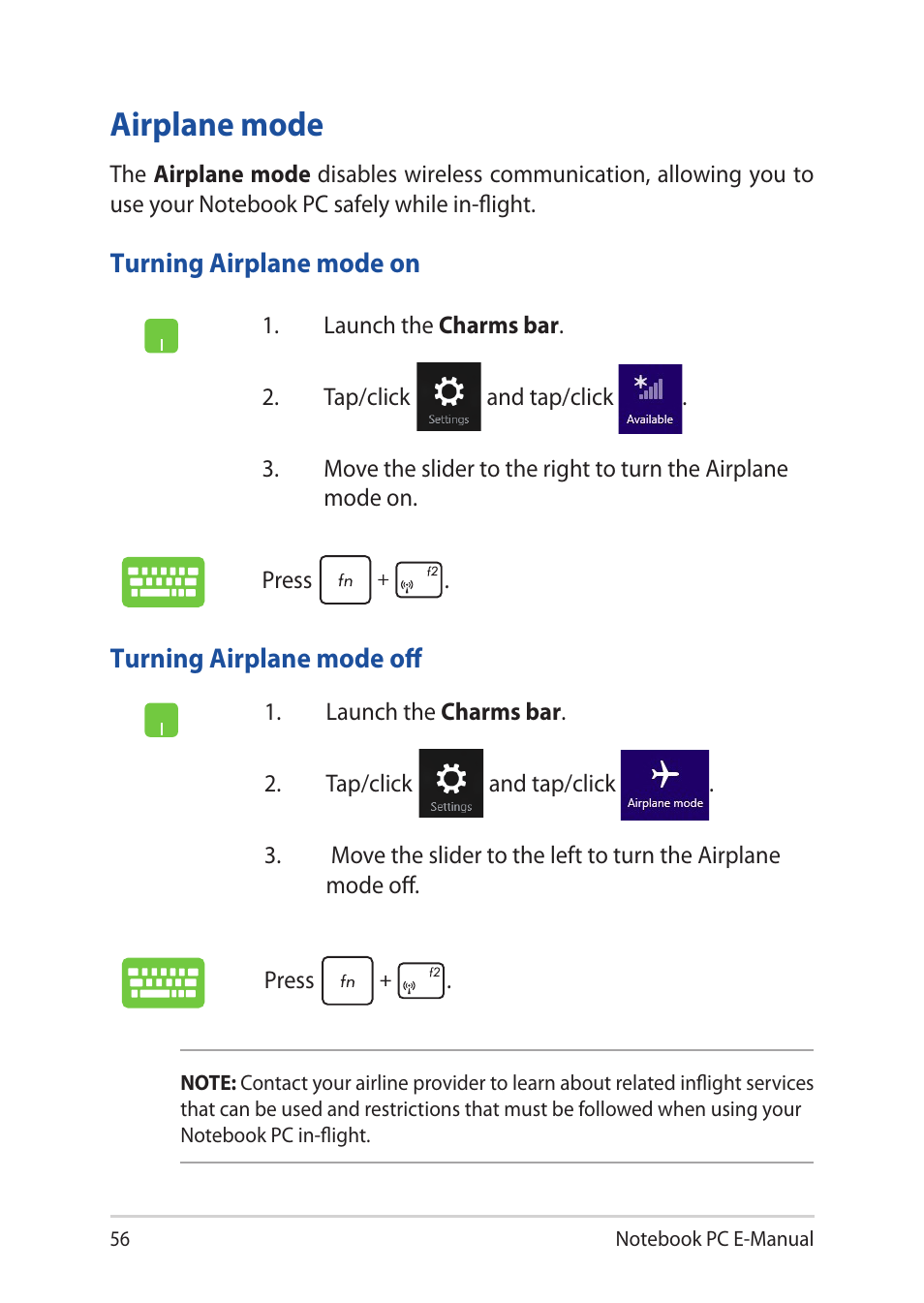 Airplane mode | Asus UX32LN User Manual | Page 56 / 102