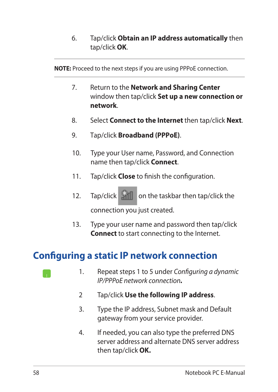 Configuring a static ip network connection | Asus UX32LN User Manual | Page 58 / 102