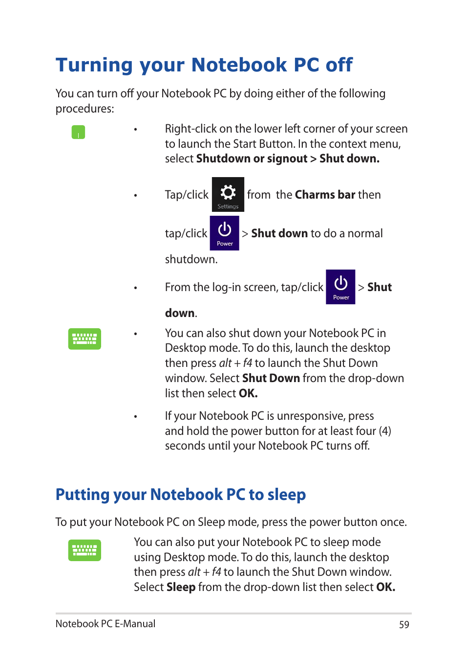 Turning your notebook pc off, Putting your notebook pc to sleep | Asus UX32LN User Manual | Page 59 / 102