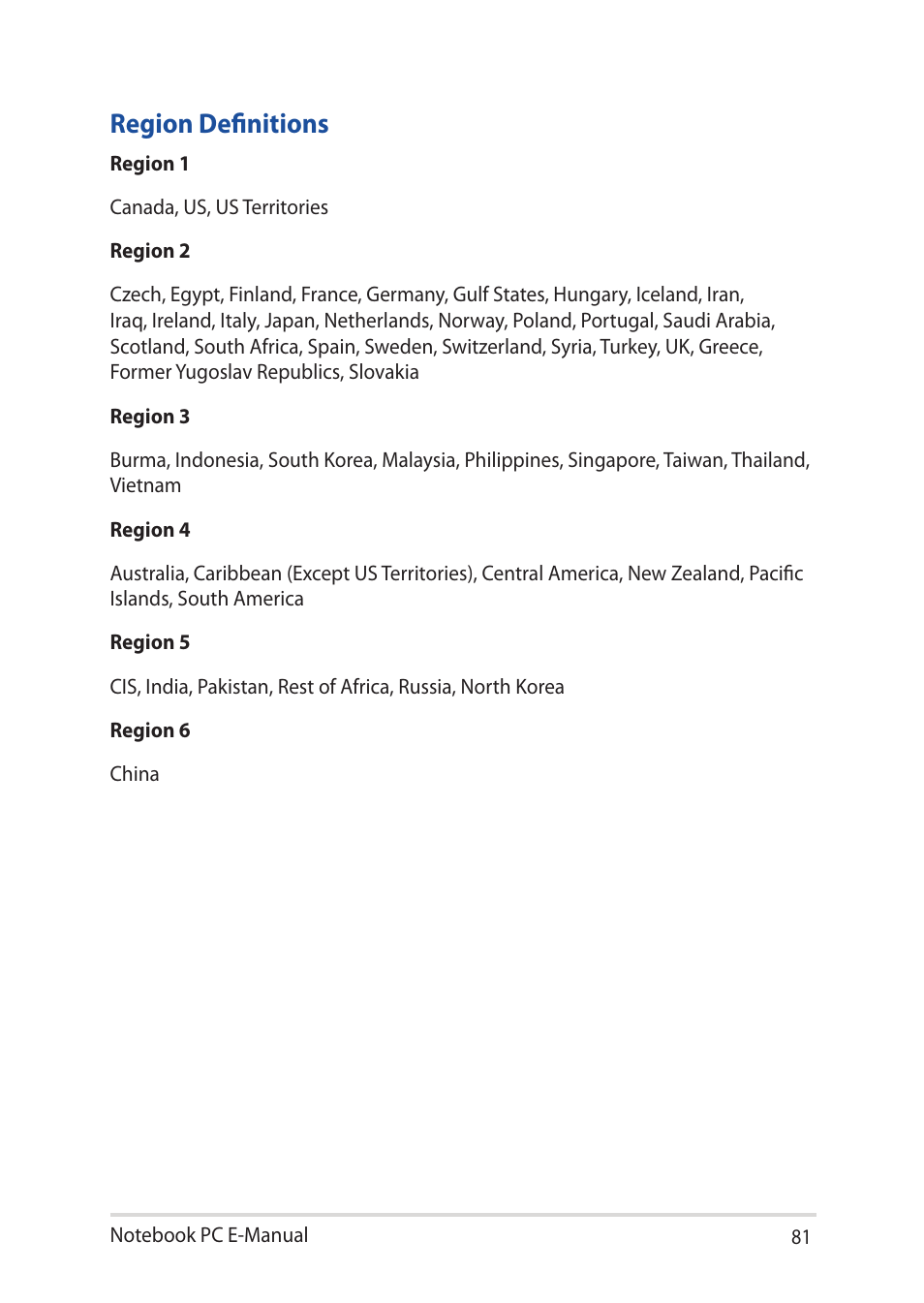 Region definitions | Asus UX32LN User Manual | Page 81 / 102