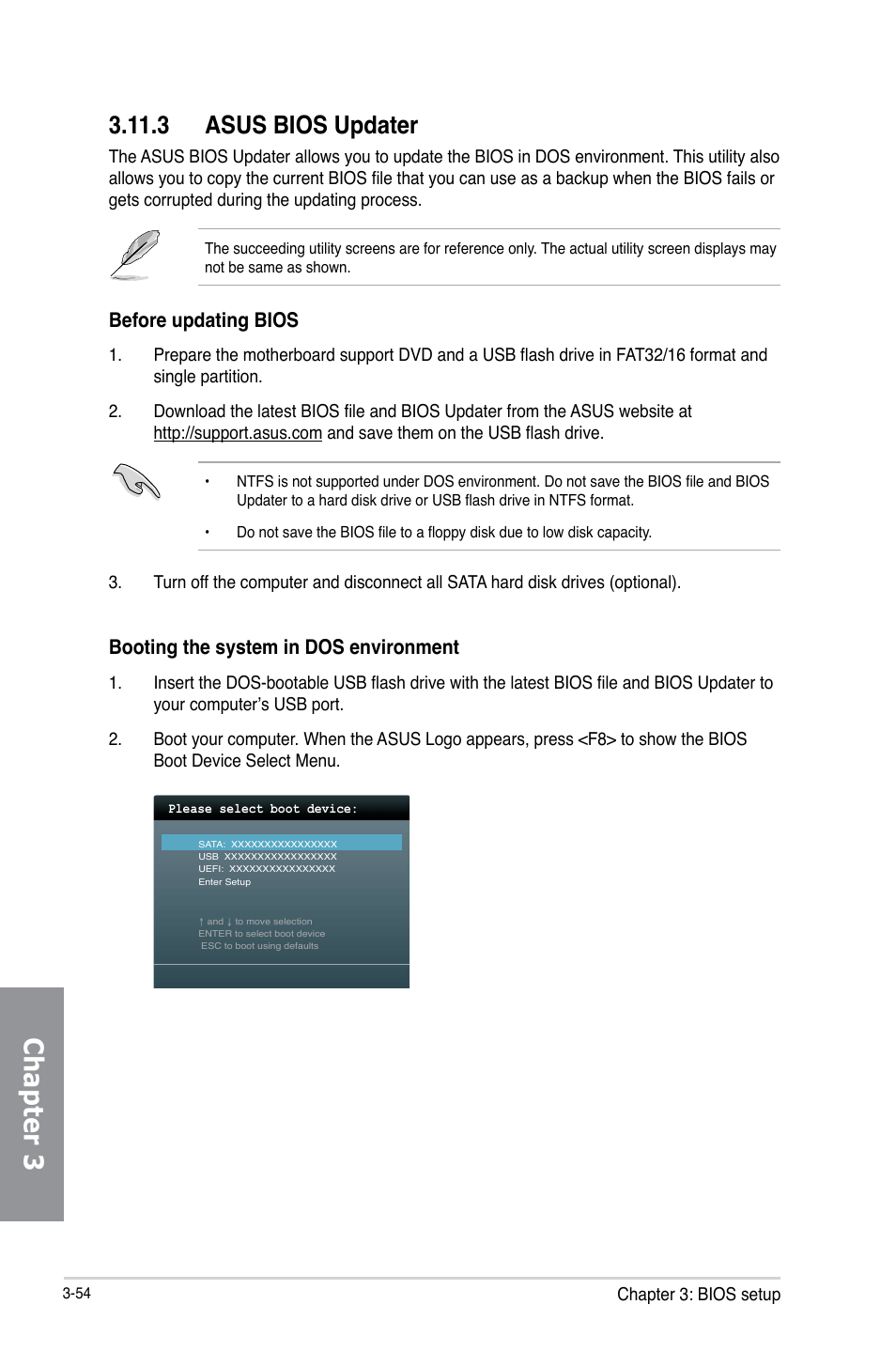 Chapter 3, 3 asus bios updater, Before updating bios | Booting the system in dos environment, Chapter 3: bios setup | Asus Z87I-DELUXE User Manual | Page 116 / 146