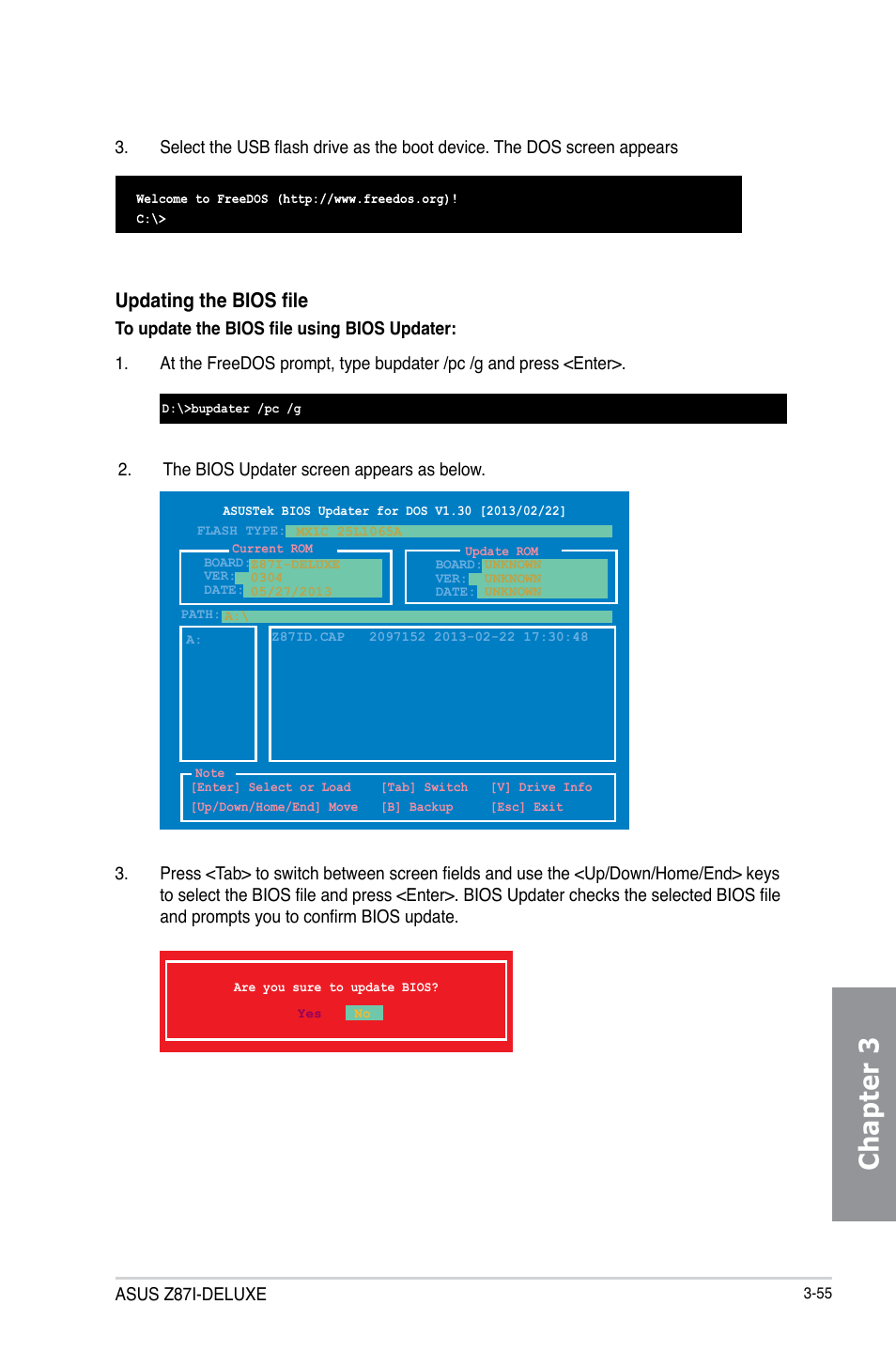 Chapter 3, Updating the bios file | Asus Z87I-DELUXE User Manual | Page 117 / 146