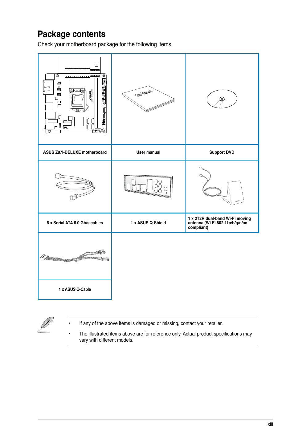 Package contents, User manual | Asus Z87I-DELUXE User Manual | Page 13 / 146