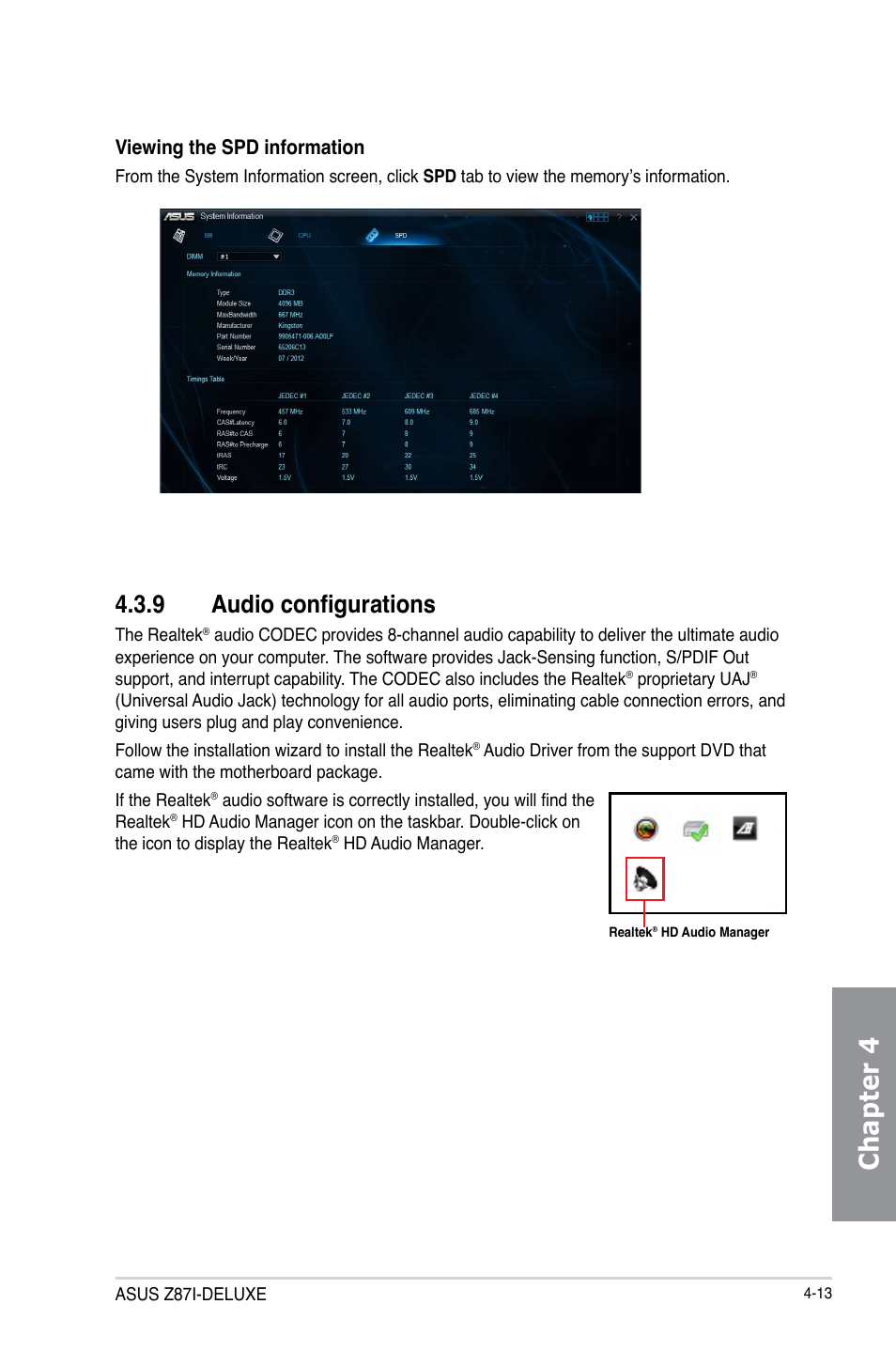 Chapter 4, 9 audio configurations, Viewing the spd information | Asus Z87I-DELUXE User Manual | Page 131 / 146