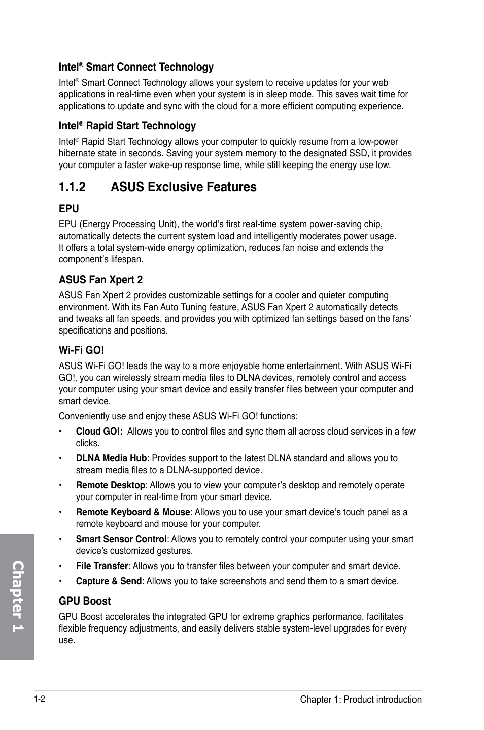 Chapter 1, 2 asus exclusive features | Asus Z87I-DELUXE User Manual | Page 16 / 146