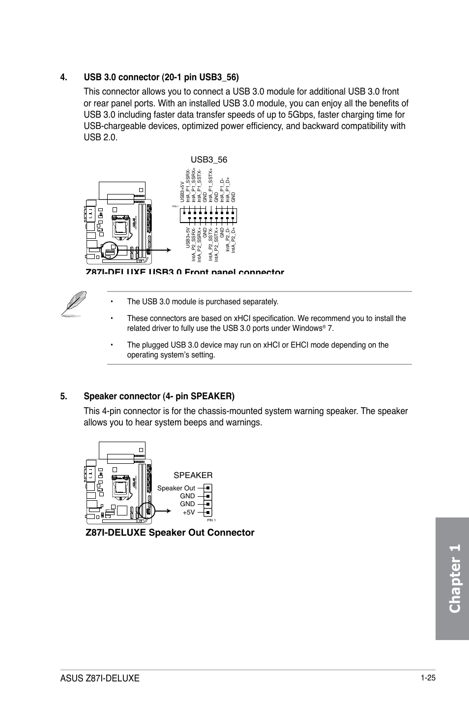 Chapter 1, Asus z87i-deluxe, Z87i-deluxe usb3.0 front panel connector | Z87i-deluxe speaker out connector | Asus Z87I-DELUXE User Manual | Page 39 / 146