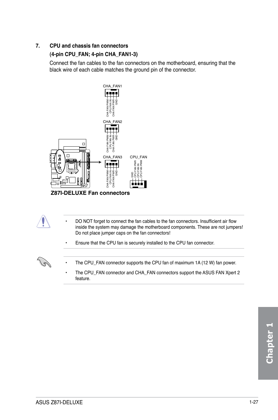 Chapter 1, Asus z87i-deluxe, Z87i-deluxe fan connectors | Asus Z87I-DELUXE User Manual | Page 41 / 146