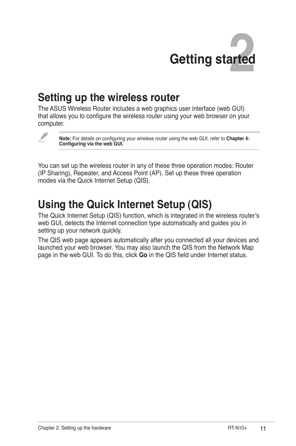 Getting started, Setting up the wireless router, Using the quick internet setup (qis) | Asus RT-N10 Plus (VER.C1) User Manual | Page 11 / 53